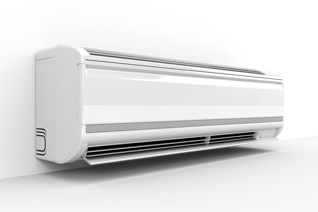 Modern sleek white air conditioner mounted on wall